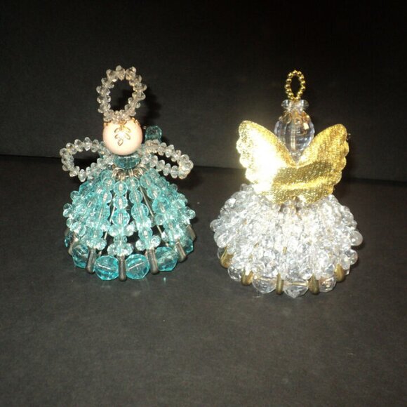Set of 2 Beaded Angels Handmade Vintage Clear & Blue Christmas Ornaments - Picture 3 of 4